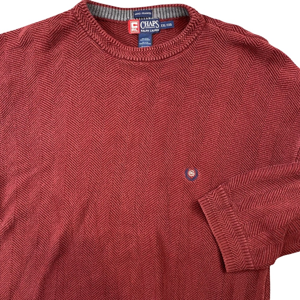 VTG Ralph Lauren Chaps Sweater Mens XXL Burgundy Herringbone Cotton Hand Framed